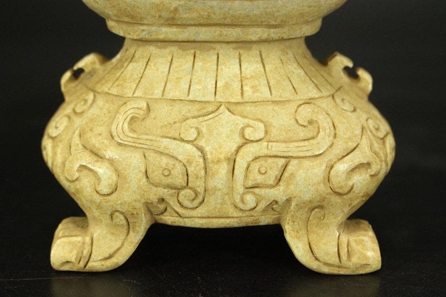 中国美術 砡石 刻 饕餮紋 香炉 置物(ZE575)