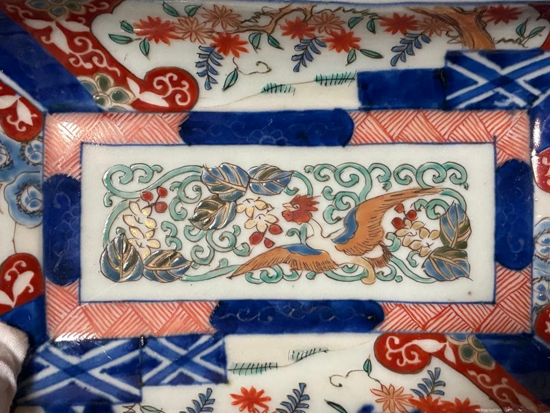 古伊万里 金彩 色絵 鳳凰紋 長皿 長方皿 二枚揃い 時代物