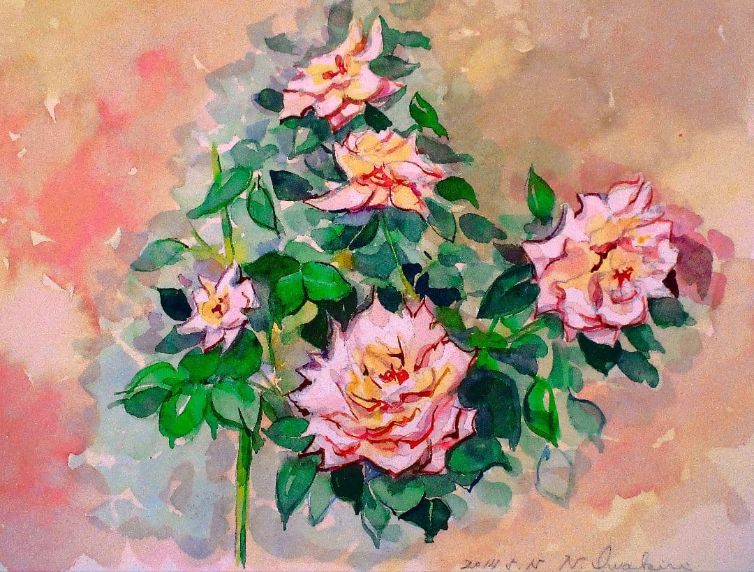 水彩画 バラの花 額装済み