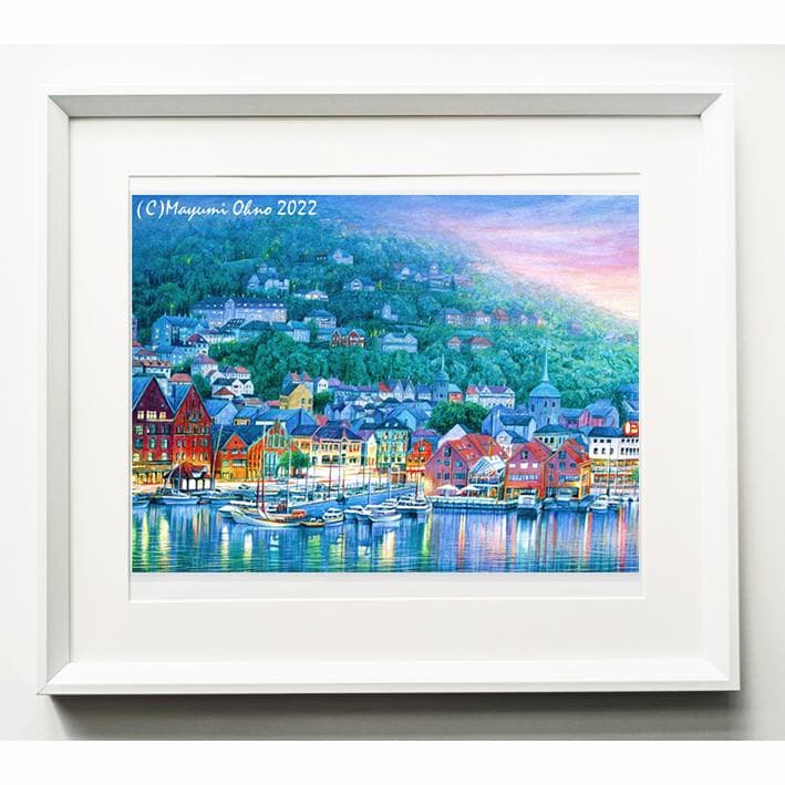 ノルウェー ベルゲン　ヨーロッパ　風景画 白 絵画 北欧　ノルディック　版画