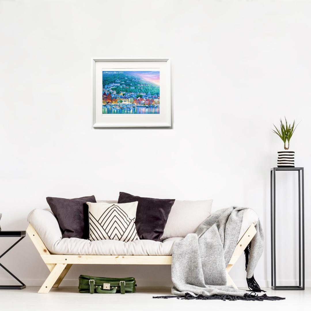 ノルウェー ベルゲン　ヨーロッパ　風景画 白 絵画 北欧　ノルディック　版画