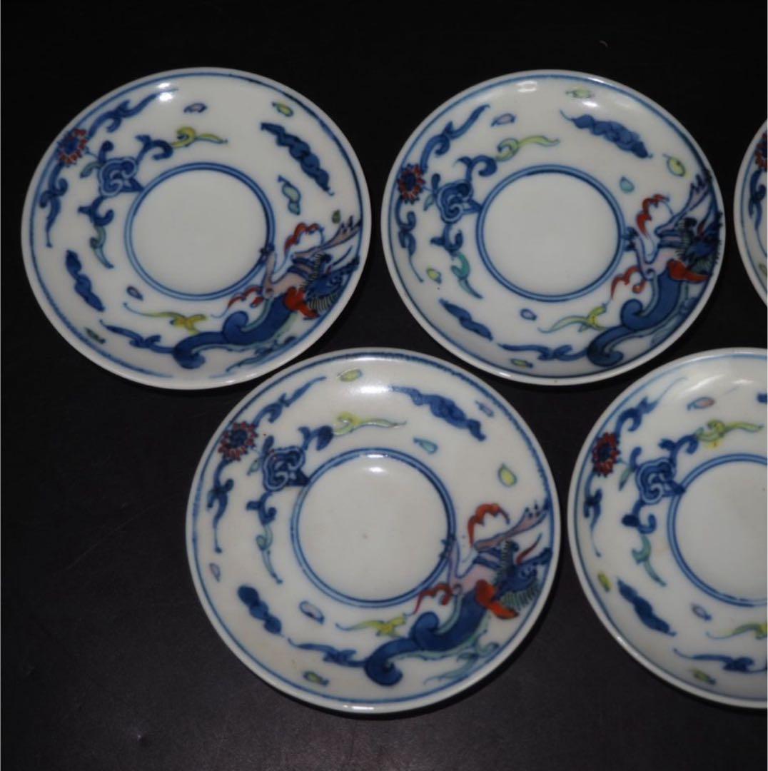 送料無料　大正～昭和初期　瑞光造　豆彩龍文煎茶碗5客