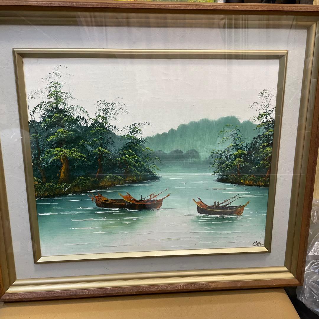 油彩画 風景（川とボート） 金色フレーム QW4371