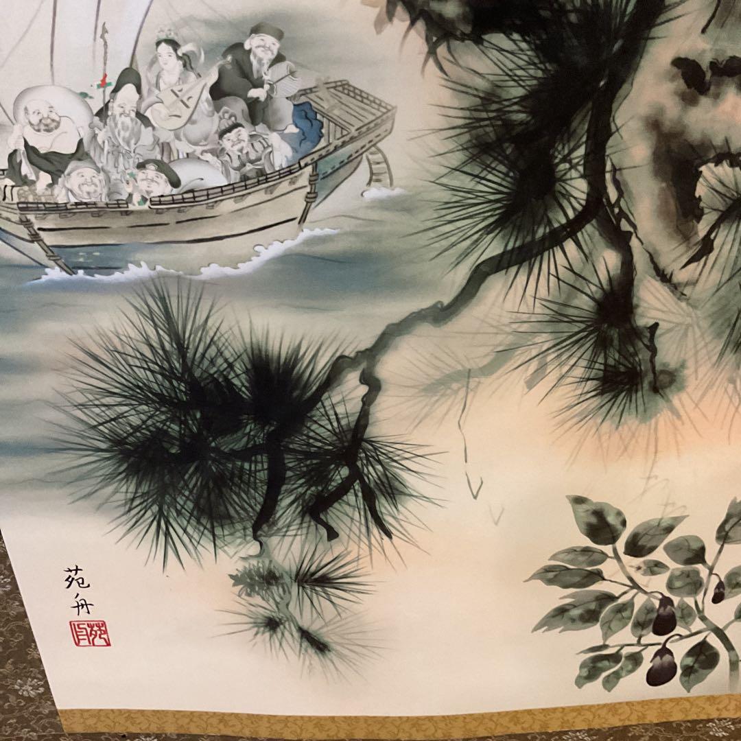 金運満願図 絹本彩色画 祝い軸【赤富士、白鷹、茄子 七福神宝舟】 桐箱